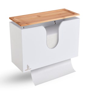 Cozee Bay Bamboo Paper Towel Dispenser, Paper Towel Holder with Lid for Home and Commercial, Wall Mount or Countertop (White)