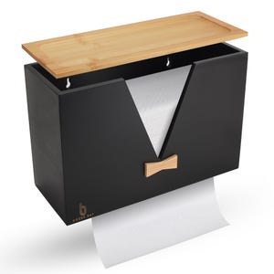 Dispensador de papel toalha Cozee Bay® (preto) com tampa de bambu natural