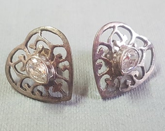 Vintage Jewelry, Sterling Silver Earrings Studs, Heart Shape, Filigree & Stone, Filigree Open Work