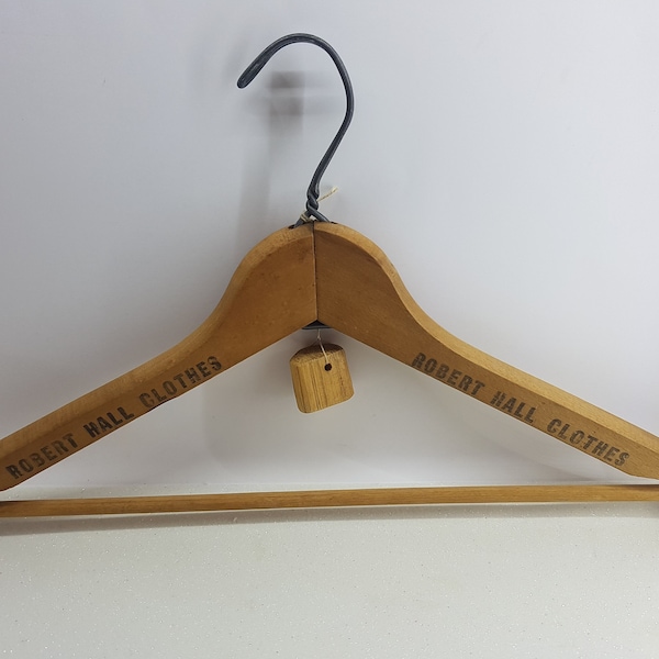 Antieke houten kleerhanger jaren 1940, reclame Robert Hall kleerhanger, pak jas broek broek massief houten hanger