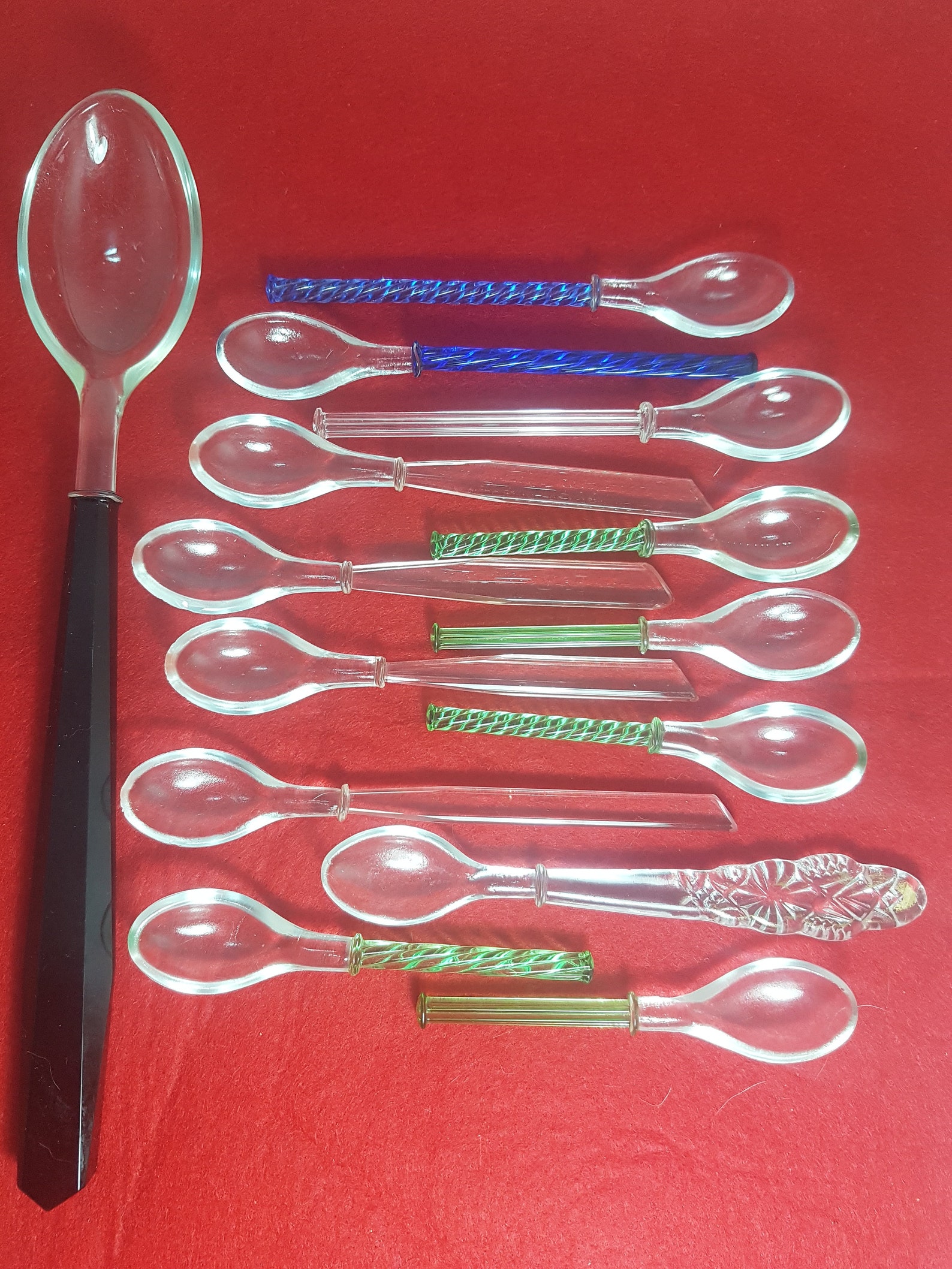 Vintage Art Deco Glass Spoons Set/serving Spoon/blue Glass Spoon/green