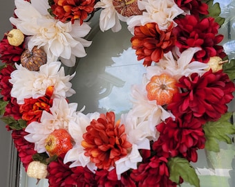 Couronne d'automne fabriquée à la main, couronnes pour la porte d'entrée, élégante couronne d'automne, couronnes orange, couronnes de couleurs vives, décoration d'automne chaleureuse et invitante