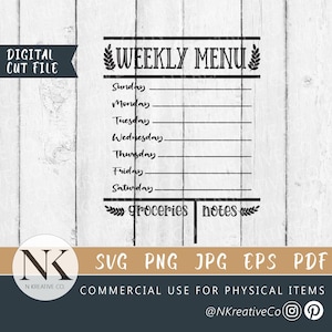Menú semanal SVG / Tablero de menú SVG / Planificador de comidas SVG / Cocina SVG / Menú de borrado en seco Svg / Menú Svg / Archivo de corte digital de menú Cricut