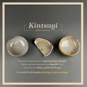 May include: Image of three gray ceramic bowls, one whole, one broken, and one repaired with gold. The text reads "Kintsugi golden joinery" and describes the Japanese art of repairing pottery with gold.
