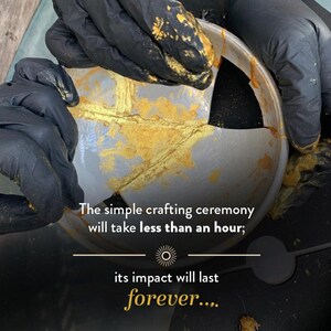 May include: A close-up of a person's hands wearing black gloves, applying gold leaf to a silver metal bowl. The text below reads: "The simple crafting ceremony will take less than an hour; its impact will last forever..."