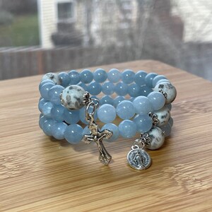 Rosary Bracelet Wrap Around: Light Blue Aqua Blue Jade with Montana Blue Kiwi Jasper, beautiful prayer beads gift mom sis grandma aunt bff