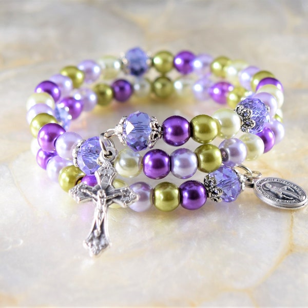 Rosary Bracelet Wrap Around: Purple mix, Periwinkle and Green Glass Pearls, Italy Miraculous Medal and Crucifix silver tone - Catholic gift.