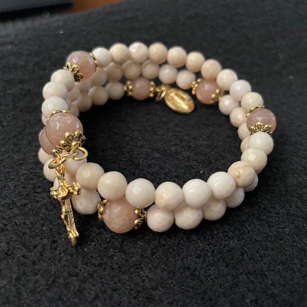 Rosary Bracelet Wrap Around: Cream Ivory Jasper, light Tan Jade Beads, Italy Miraculous Medal Crucifix gold tone - Catholic gift for her