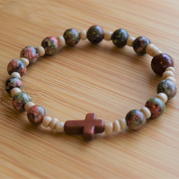 Stretch Rosary Bracelet: Unakite jade beads with Red Brown Stone Cross,  unisex, boys, men, teen, women prayer, green orange brown rosary