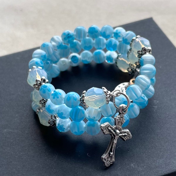 Catholic Girl Rosary Bracelet:  Millefiori Blue Flower Glass beads, kid child size, petite rosary wrap around, first communion rosary