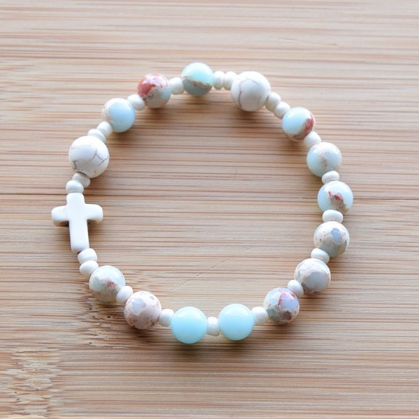 Decade Rosary Bracelet: Light Blue, Robin Egg Blue Jasper, sky blue Cream Glass Beads White Turquoise Bead, Rose, Women Girl religious