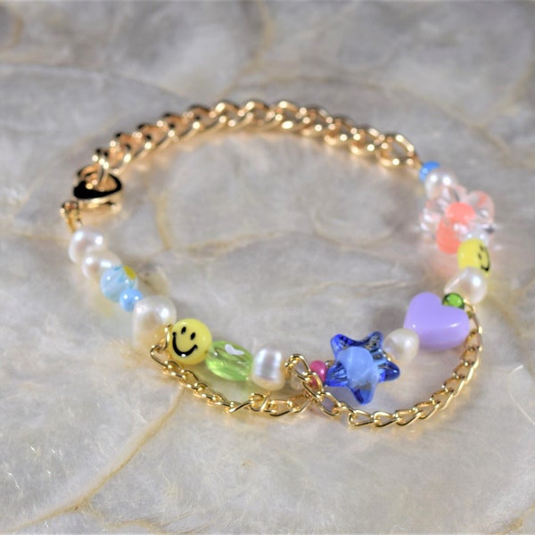Happy Go Lucky bracelet inspired, Lucky Stars Smile bracelet, with chain, cute gift for girl teen women