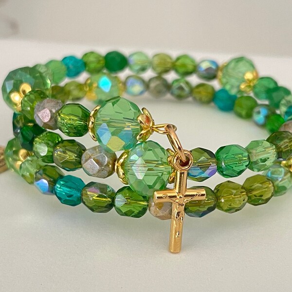 Catholic Rosary Bracelet Wrap:  Green Czech Glass Crystal, Gold tone Italian Miraculous Medal, Religious gift for her, peridot green rosary