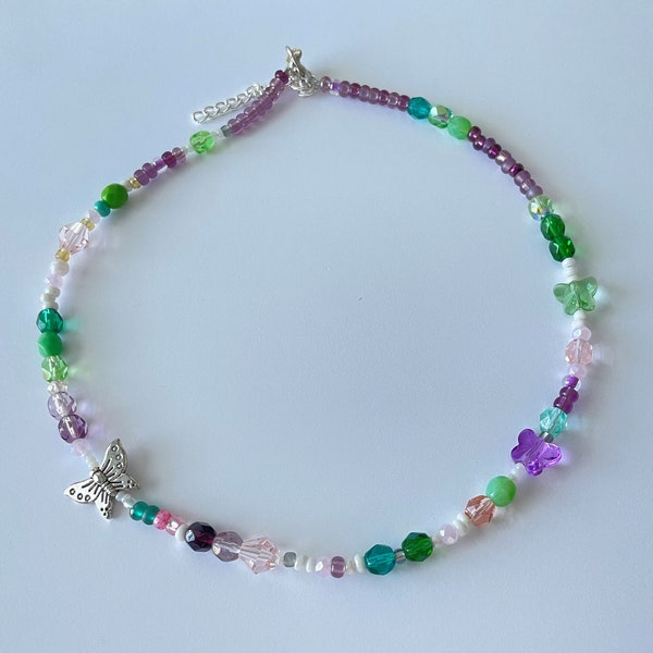 Beaded boho choker necklace:  colorful seed beads, mix match, hodge podge, butterfly charm, czech glass seed beads, crystal, purple green