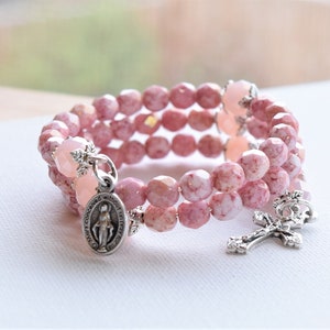 Catholic Girl Rosary Bracelet Wrap Around:  Pink Czech Opaque Glass beads with silver tone Miraculous Medal & Crucifix, First Communion gift