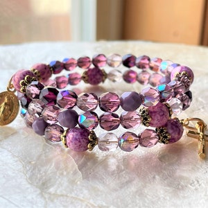 Catholic Rosary Wrap Bracelet: Purple Czech Glass with Miraculous Medal and Crucifix, womens prayer beads, confirmation gift for her