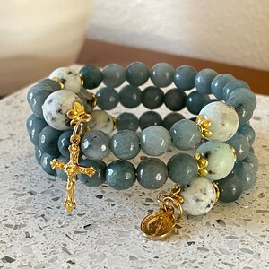 Rosary Bracelet Wrap Around: Blue Green Gray Jade with Montana Blue Kiwi Jasper, beautiful prayer beads gift mom sis grandma aunt bff
