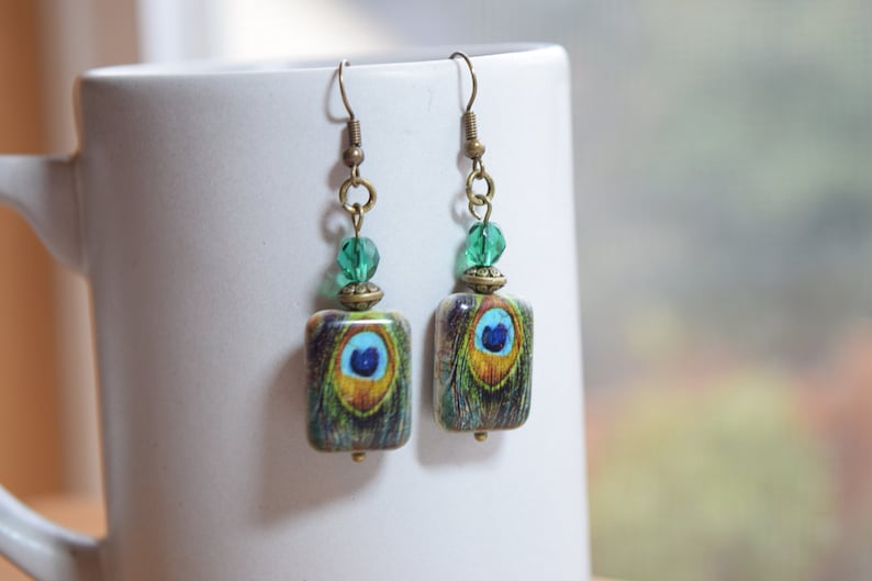 pretty gift for her with blue green czech glass bead Boho Earrings Dreamcatcher inspired Peacock feather on stone