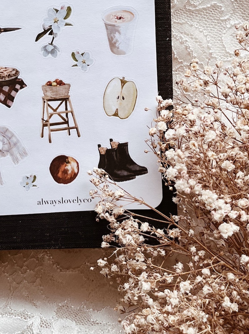 May include: A sheet of stickers with a variety of autumn-themed illustrations, including apples, boots, a cup of coffee, a basket of apples, a stool, and a flower. The stickers are on a white background and have a rustic, vintage aesthetic. The text "alwayslovelyco" is printed at the bottom of the sheet.