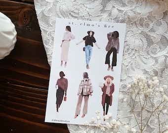 May include: A set of six illustrated stickers featuring women in various outfits. The stickers are on a white background with the text "st. elmo's fire" and "@alwayslovelyco".