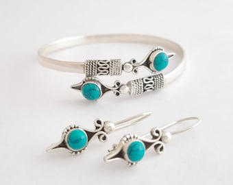 Mother's Day Gift, Genuine Turquoise Jewelry set in Sterling Silver 925, Bracelet & Earrings, Firoza, Feroza Set