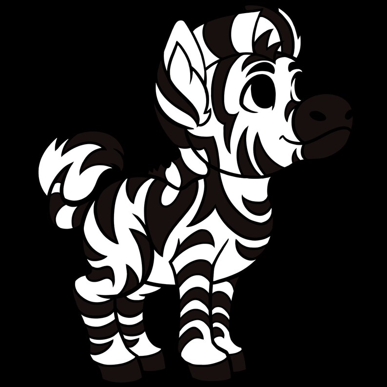 May include: A black and white cartoon zebra with a striped pattern. The zebra has a large head with big eyes and a small mouth. The zebra is standing on all fours and has a fluffy tail.