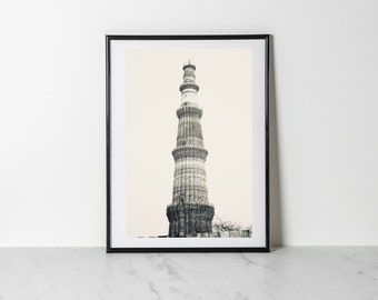 Heritage Structure Vintage Picture. Qutub Minar. Black and white. Printable wall art.