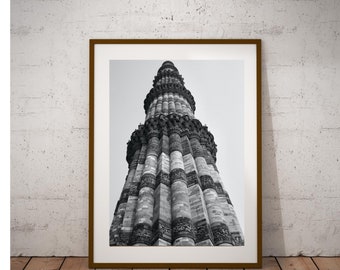 Heritage Structure Vintage Picture. Qutub Minar. Black and white. Detailed. Printable wall art.
