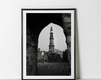 Heritage Structure Vintage Picture. Qutub Minar. Black and white. Printable wall art.