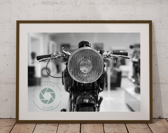 Black and white.Wall art.Velocette classic motor bike photo.Front view.Motorcycle.Printed wall art.Study.Office.Garage.Man cave.Home office.