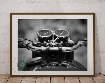 Black and white.Wall art.Triumph classic motor bike photo. Point of view.POV. Motorcycle. Printed wall art. Study. Office. Garage. Man cave.