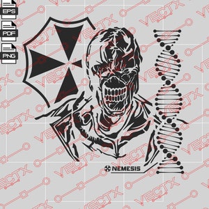 May include: Black and white illustration of a character from the Resident Evil video game series. The character is wearing a hooded coat and has a skull-like face. The image also includes the Umbrella Corporation logo and a strand of DNA. The text "NEMESIS" is also included in the image.
