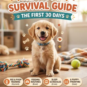 May include: A golden retriever puppy wearing a blue collar sits in front of a wooden floor. The image includes the text "SURVIVAL GUIDE THE FIRST 30 DAYS" and icons for puppy training, feeding, sleep, and proofing.