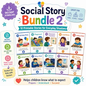Op de afbeelding: Een digitaal Social Story Bundle 2 met 10 printbare verhalen voor alledaagse situaties. De afbeelding bevat kleurrijke illustraties van kinderen in diverse scenario's zoals verjaardagsfeestjes, school en reizen, met tekst en iconen.