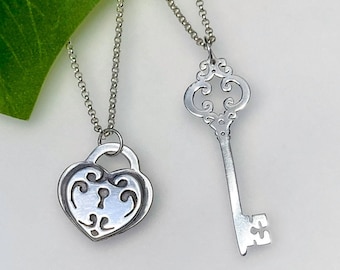 Silver Skeleton Key & Heart Lock Paired Pendants- option for 1 or 2 chains