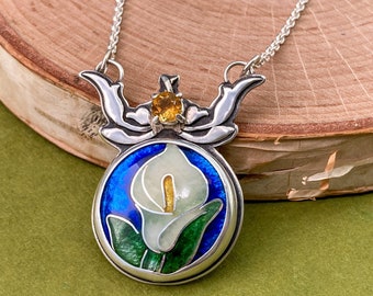 Cloisonné Calla Lily Necklace in Art Nouveau Style with Citrine - solid silver, handmade and recycled