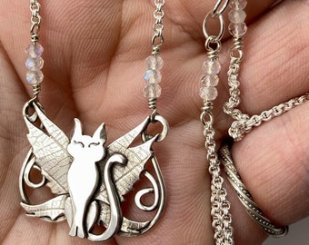 Bitty the Fairy-winged Kitty Necklace in Silver & Rainbow Moonstone