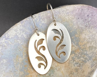 Silver Oval Earrings with Pierced Botanical Design