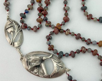 Sonoran Poppy Necklace in Argentium Silver with Grey Sapphire and Sonoran Dendritic Rhyolite Knotted Beads