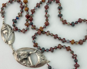 Sonoran Poppy Necklace in Argentium Silver with Grey Sapphire and Sonoran Dendritic Rhyolite Knotted Beads