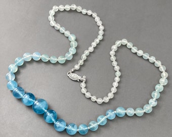 Graduated Aquamarine Knotted Bead Necklace with Sterling Silver Clasp - Genuine March Birthstone Statement Necklace