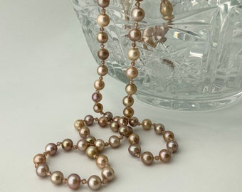 Freshwater Pearl & Zircon Hand-knotted Necklace with Sterling Clasp - 24 inch Matinee Length mauve peach cream cultured pearls