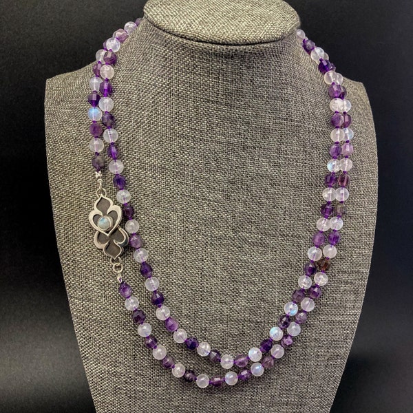 Amethyst and Rainbow Moonstone Hand-knotted Necklace with Handmade Silver & Moonstone Clasp