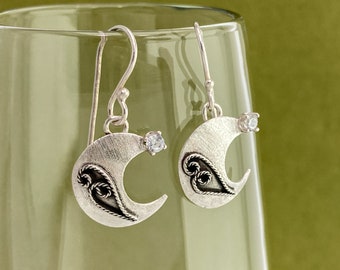 Crescent Moon Earrings with Filigree and CZ Accent in Solid Argentium Sterling Silver