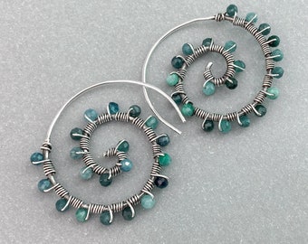 Wire Wrapped Spiral Earrings in Indicolite Blue Tourmaline and Argentium Silver