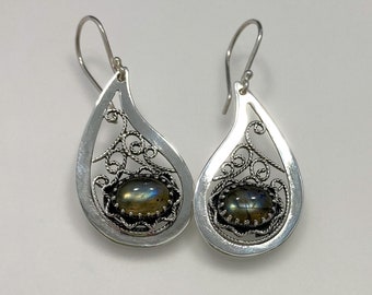 Labradorite Filigree Paisley Earrings