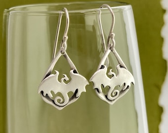 Art Nouveau Teardrop Dragon Earrings in Lightweight Argentium Silver - Satin Finish, hypoallergenic, great for sensitive ears