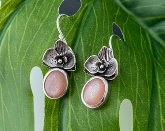 Orchid Earrings with Peach Moonstone in Argentium Silver