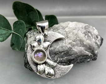 Silver Crescent Moon Pendant with Purple Labradorite