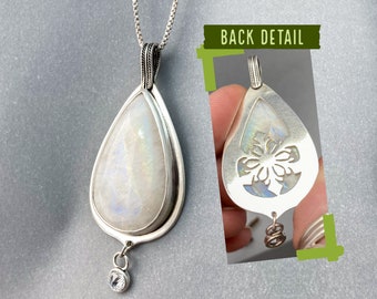 Silver & Rainbow Moonstone Pendant with Snowflake Cutout and CZ Dangle